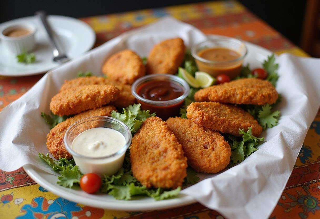 A stunning chicken tender platter ready for catering, showcasing crispy tenders and delicious sauces for any event.