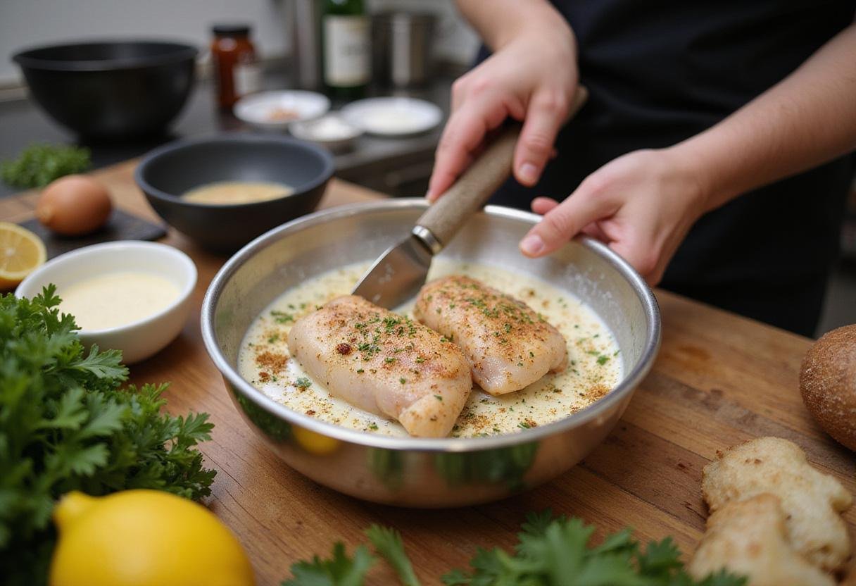 Marinating chicken tenders in a bowl with spices for a flavorful chicken tender platter, perfect for catering.
