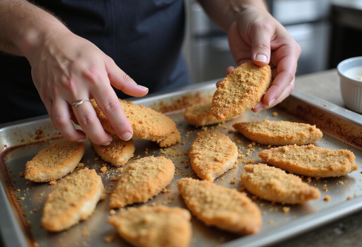 Breading chicken tenders with a crunchy coating for a delicious chicken tender platter, ideal for catering events.
