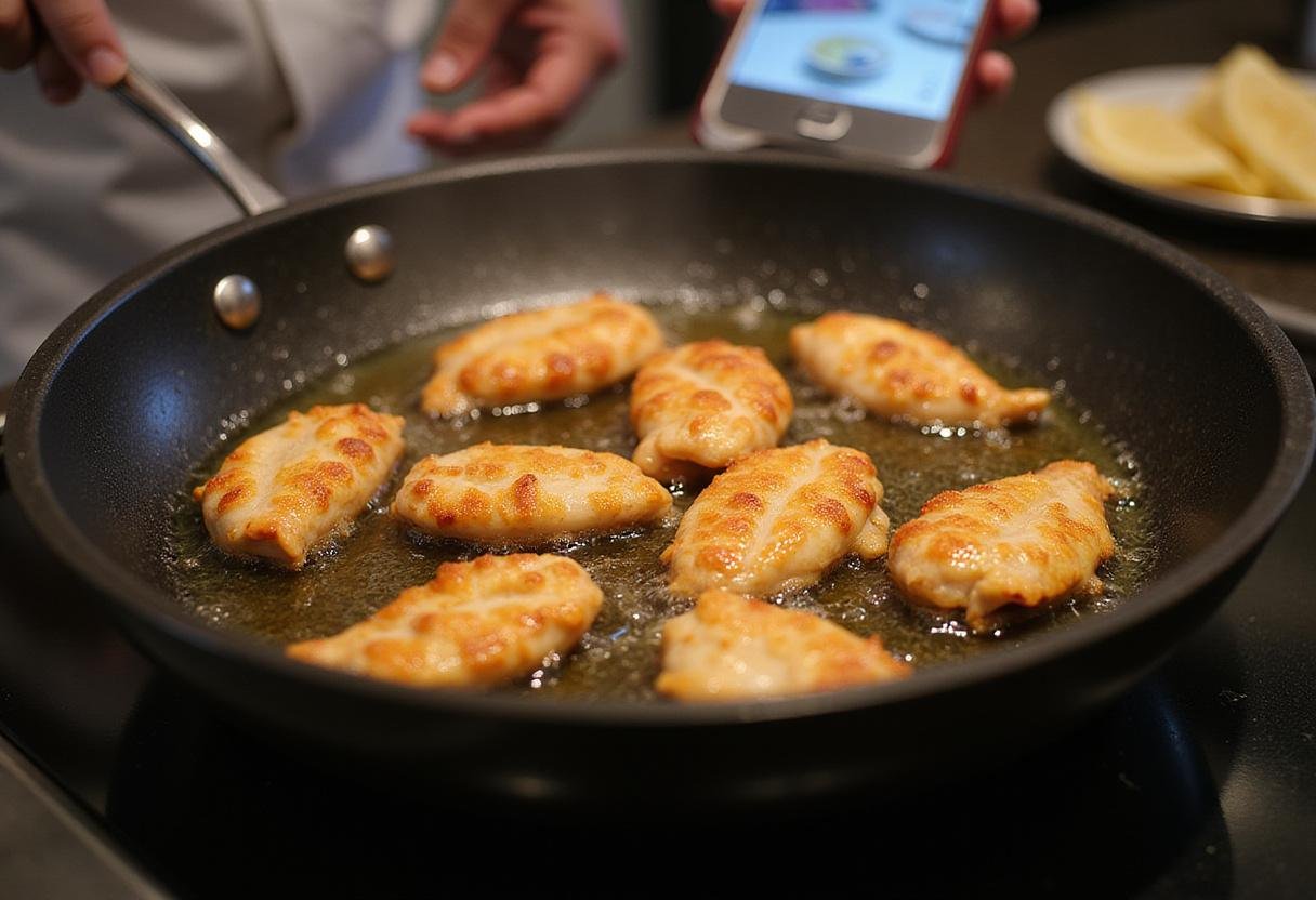 Frying chicken tenders to golden perfection for a catering platter, ensuring a crispy and flavorful offering.