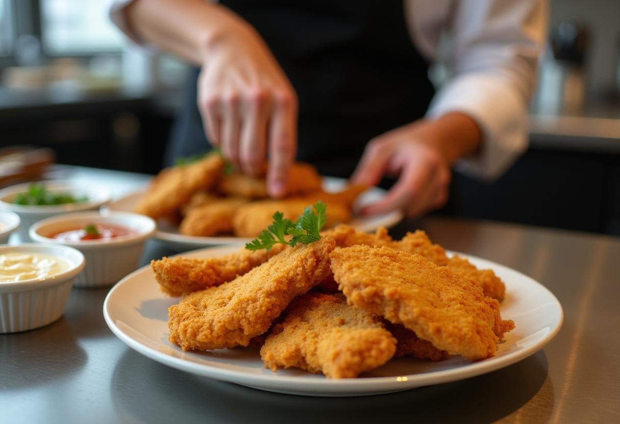 Arranging golden-brown chicken tenders on a platter with dipping sauces for a stunning chicken tender catering presentation.