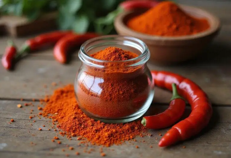 Homemade red pepper flakes in a jar, showcasing vibrant colors and the spice of crushed chili peppers.
