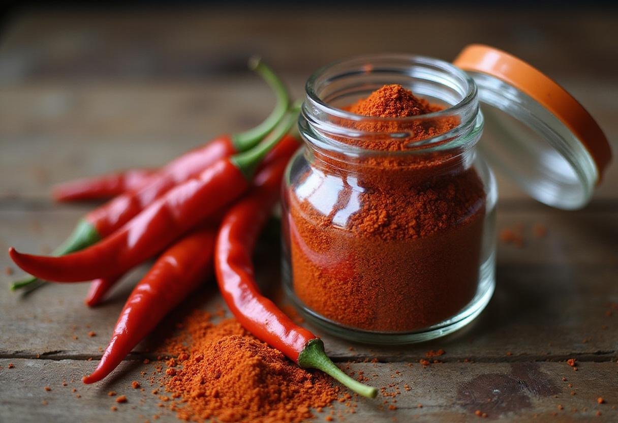 Homemade red pepper flakes in a jar, showcasing vibrant colors and the spice of crushed chili peppers.