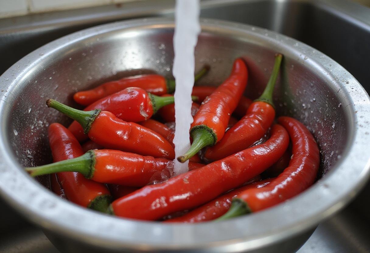 Fresh red chili peppers being rinsed, perfect for making homemade chili pepper flakes.
