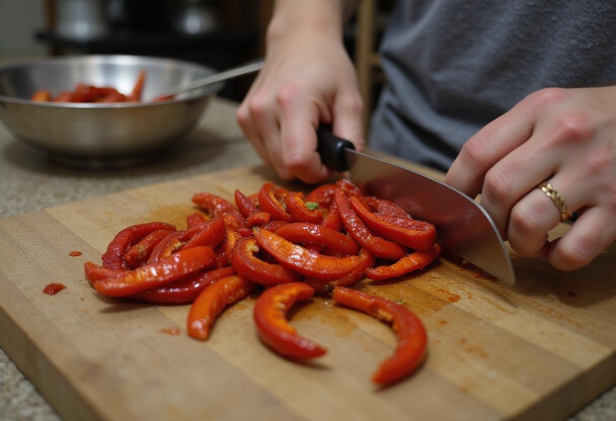 Sliced red chili peppers ready for drying, essential for creating spicy chili pepper flakes.