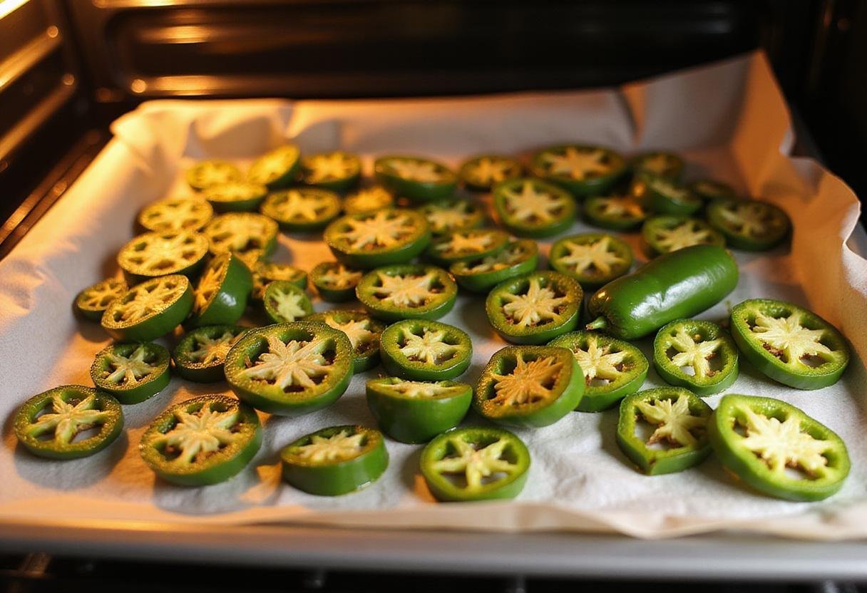 Chili peppers drying in the oven, an important step in making flavorful crushed chili pepper flakes.