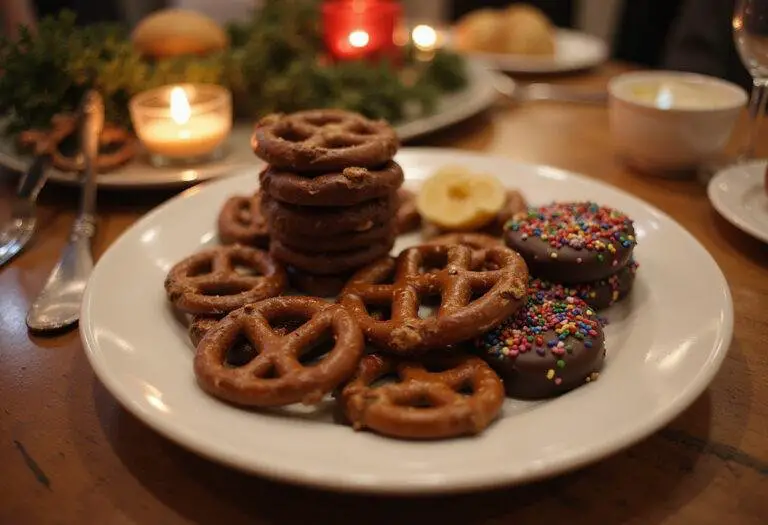 A stunning display of chocolate pretzel treats on a serving plate, showcasing their delicious chocolate coating and festive toppings, perfect for sharing.