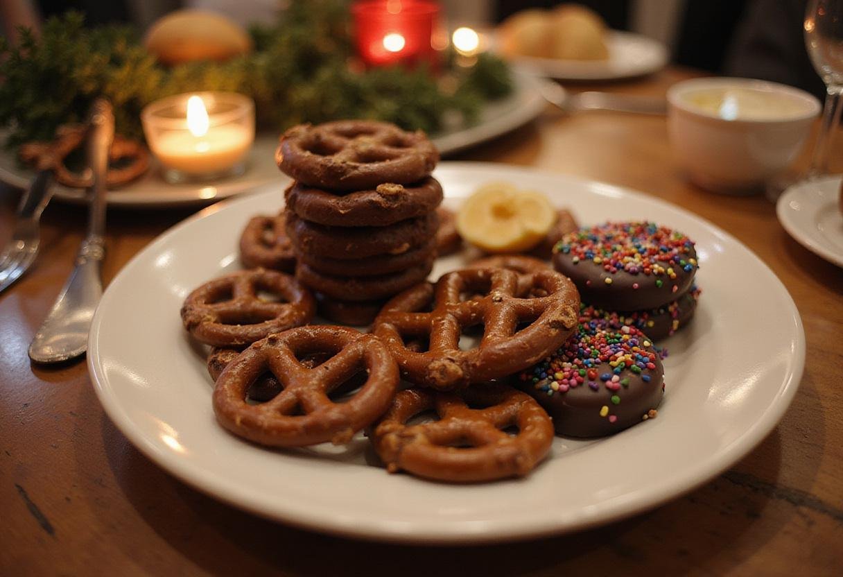 A stunning display of chocolate pretzel treats on a serving plate, showcasing their delicious chocolate coating and festive toppings, perfect for sharing.