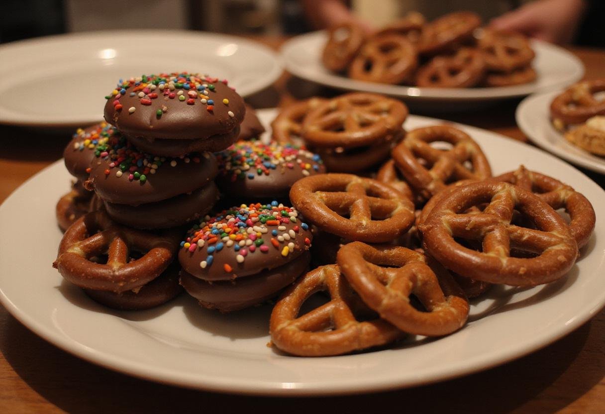 A stunning display of chocolate pretzel treats on a serving plate, showcasing their delicious chocolate coating and festive toppings, perfect for sharing.