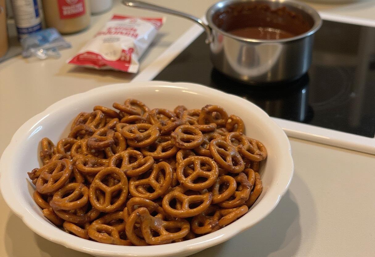 Mini pretzels prepared for a chocolate pretzel treat, showcasing the perfect base for a delightful chocolate coating.