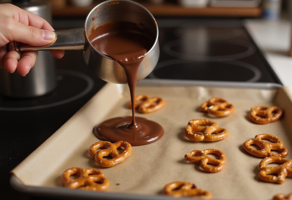 Melted chocolate being poured over pretzels in preparation for making chocolate pretzel treats, capturing the process of creating a sweet snack.