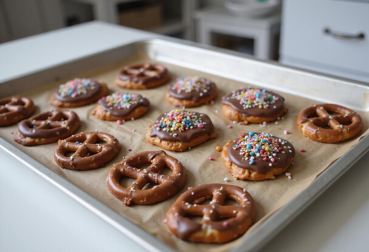 Chocolate-covered pretzels on a baking sheet, decorated with festive sprinkles, ready to cool and set as delicious chocolate pretzel treats.