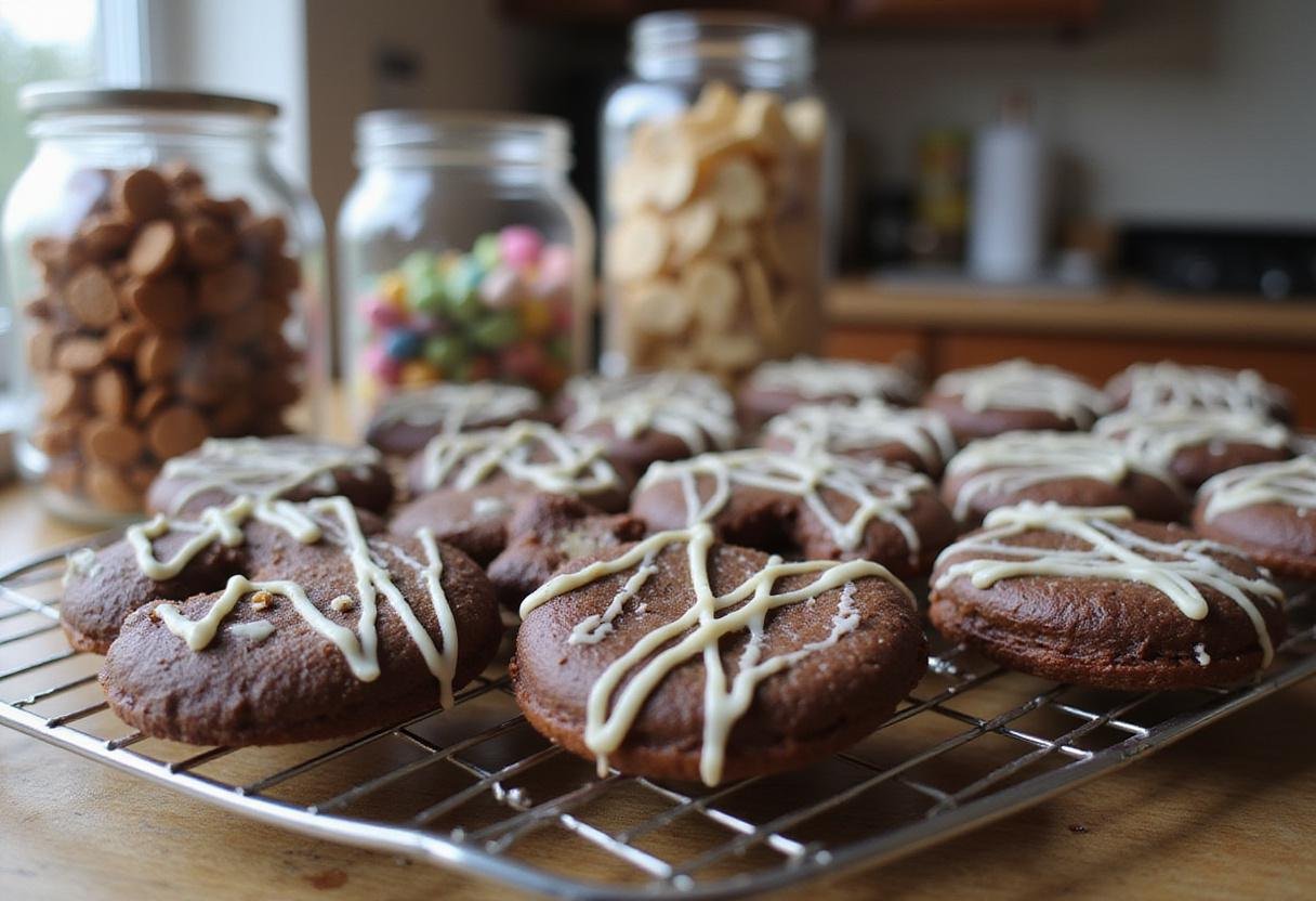 Cooling chocolate pretzel treats on a wire rack, highlighting their deliciousness with a drizzle of white chocolate for added sweetness.