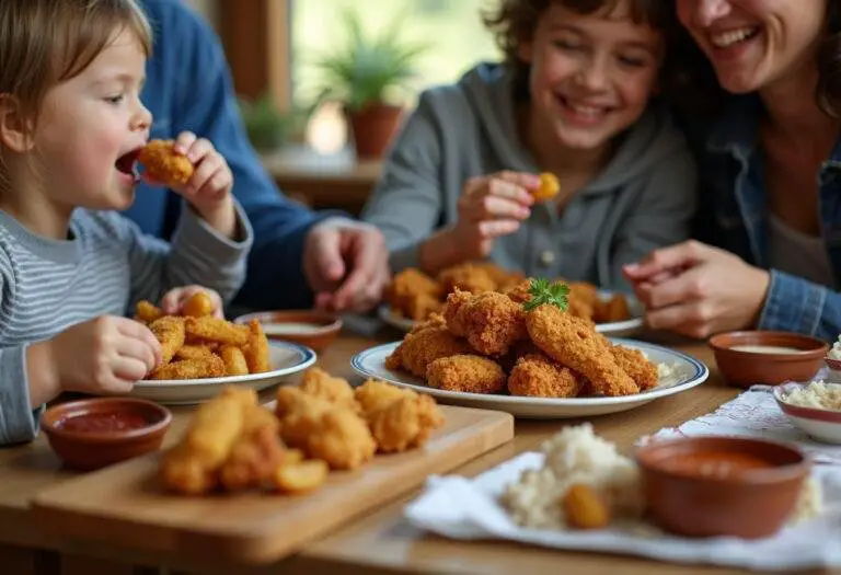 Family enjoying classic country chicken bites at the table, showcasing the joy of homemade country pride chicken nuggets.