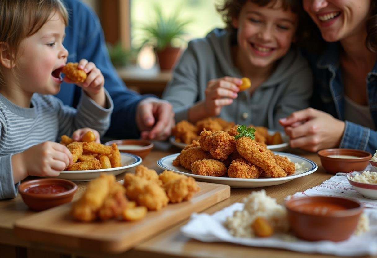 Family enjoying classic country chicken bites at the table, showcasing the joy of homemade country pride chicken nuggets.