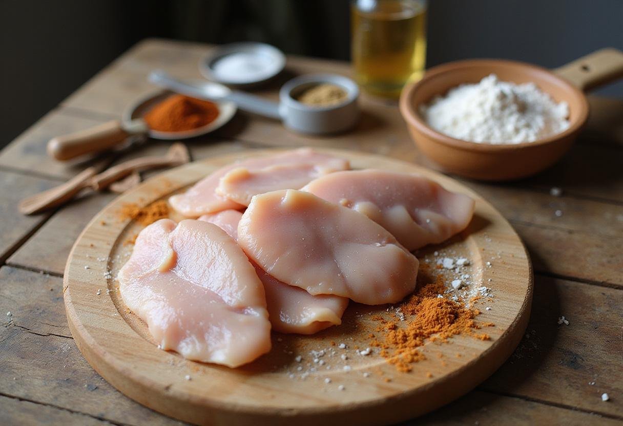 Fresh chicken breast cut into cubes on a wooden board for classic country chicken bites, showcasing country pride chicken nuggets preparation.