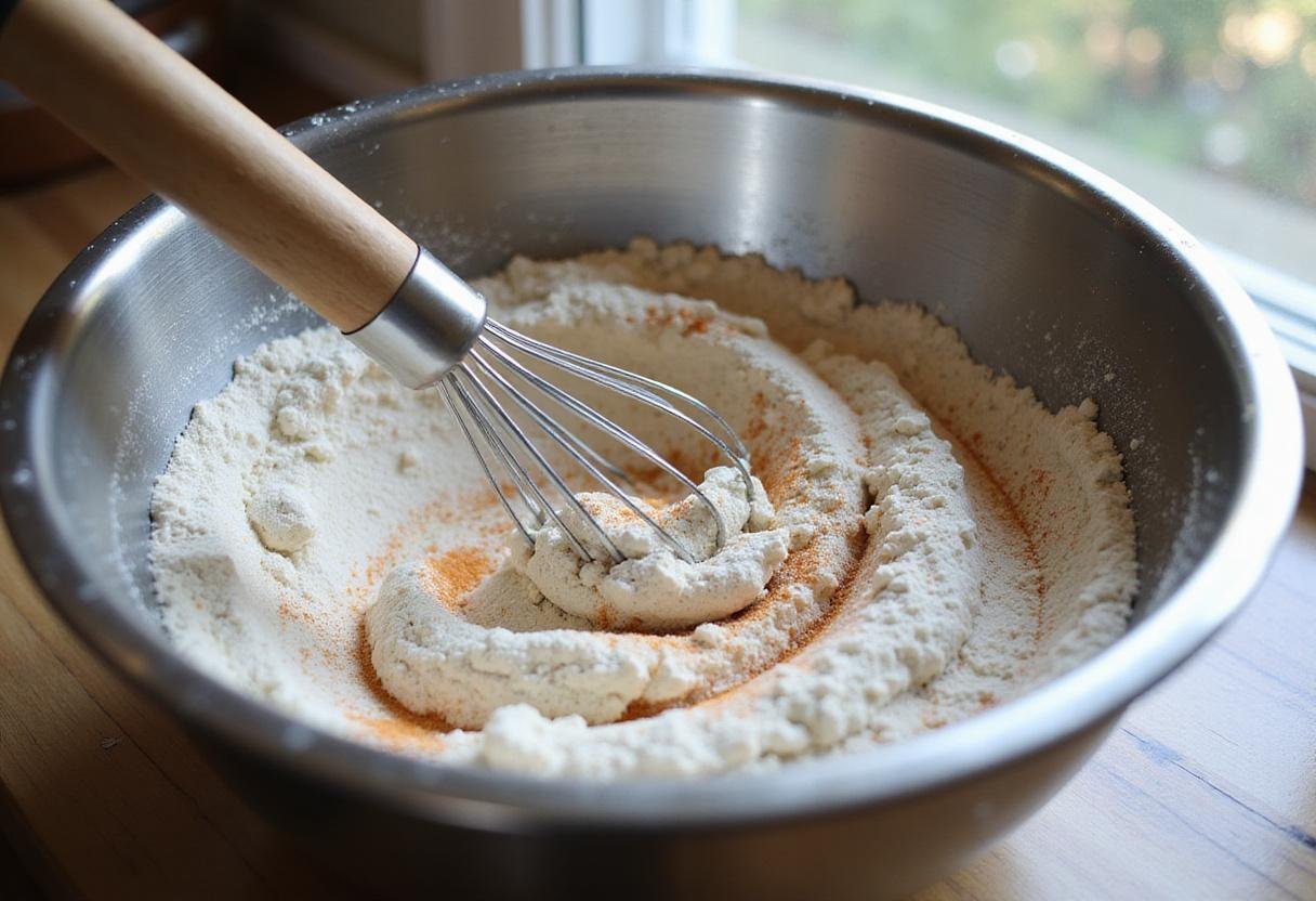 Seasoned flour mixture prepared for coating country pride chicken nuggets, emphasizing the first steps of classic country chicken bites recipe.