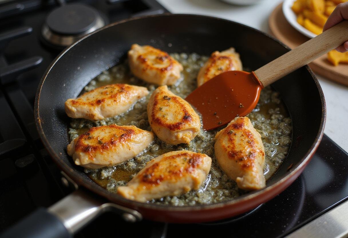 Chicken bites frying in a pan, capturing the cooking process of classic country chicken bites, bringing home-style country pride chicken nuggets to life.