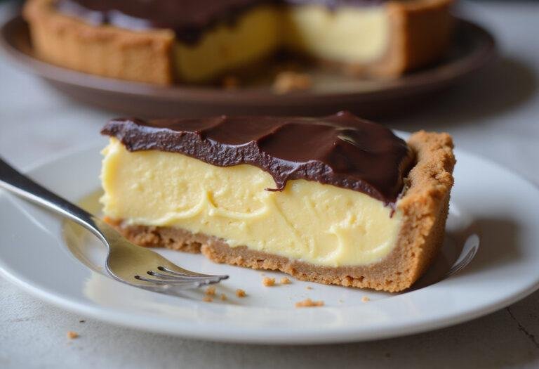 Delicious slice of classic Boston cream pie highlighting the layered custard, cake, and rich chocolate glaze, ideal for dessert lovers.