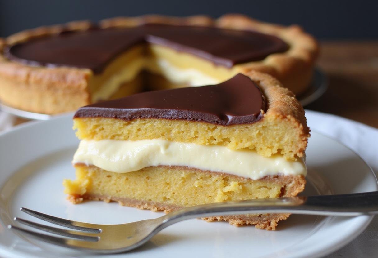 Delicious slice of classic Boston cream pie highlighting the layered custard, cake, and rich chocolate glaze, ideal for dessert lovers.