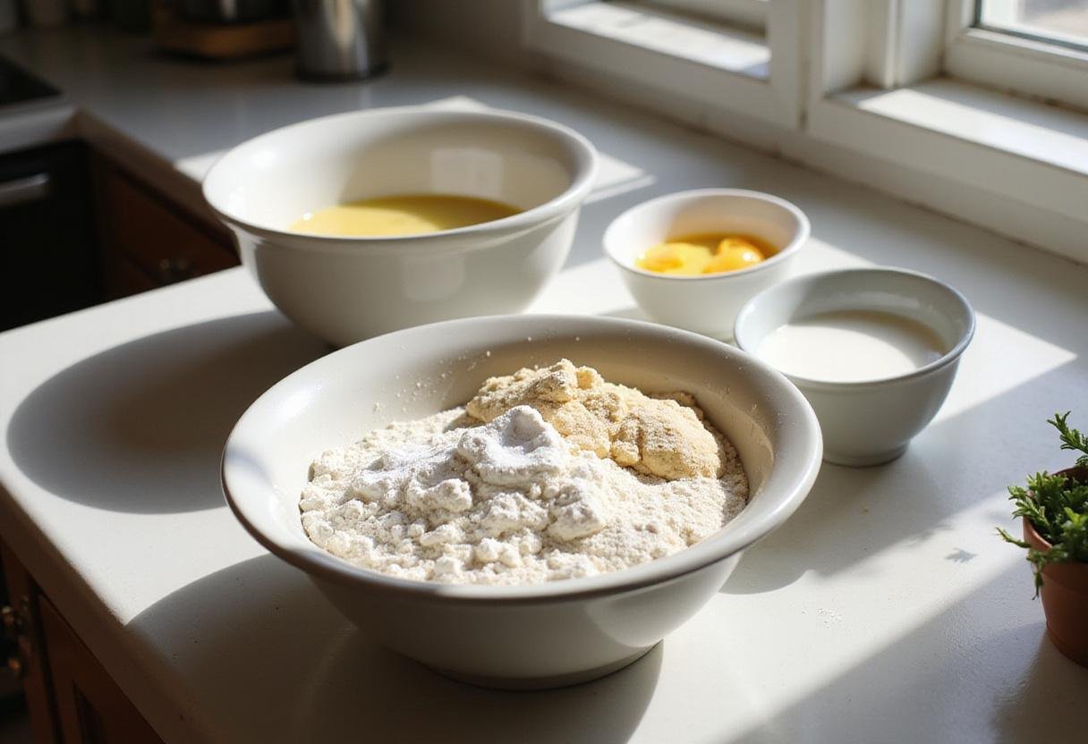 Mixing the dry ingredients for a Boston cream pie recipe with flour, sugar, and baking powder, in a well-lit kitchen.