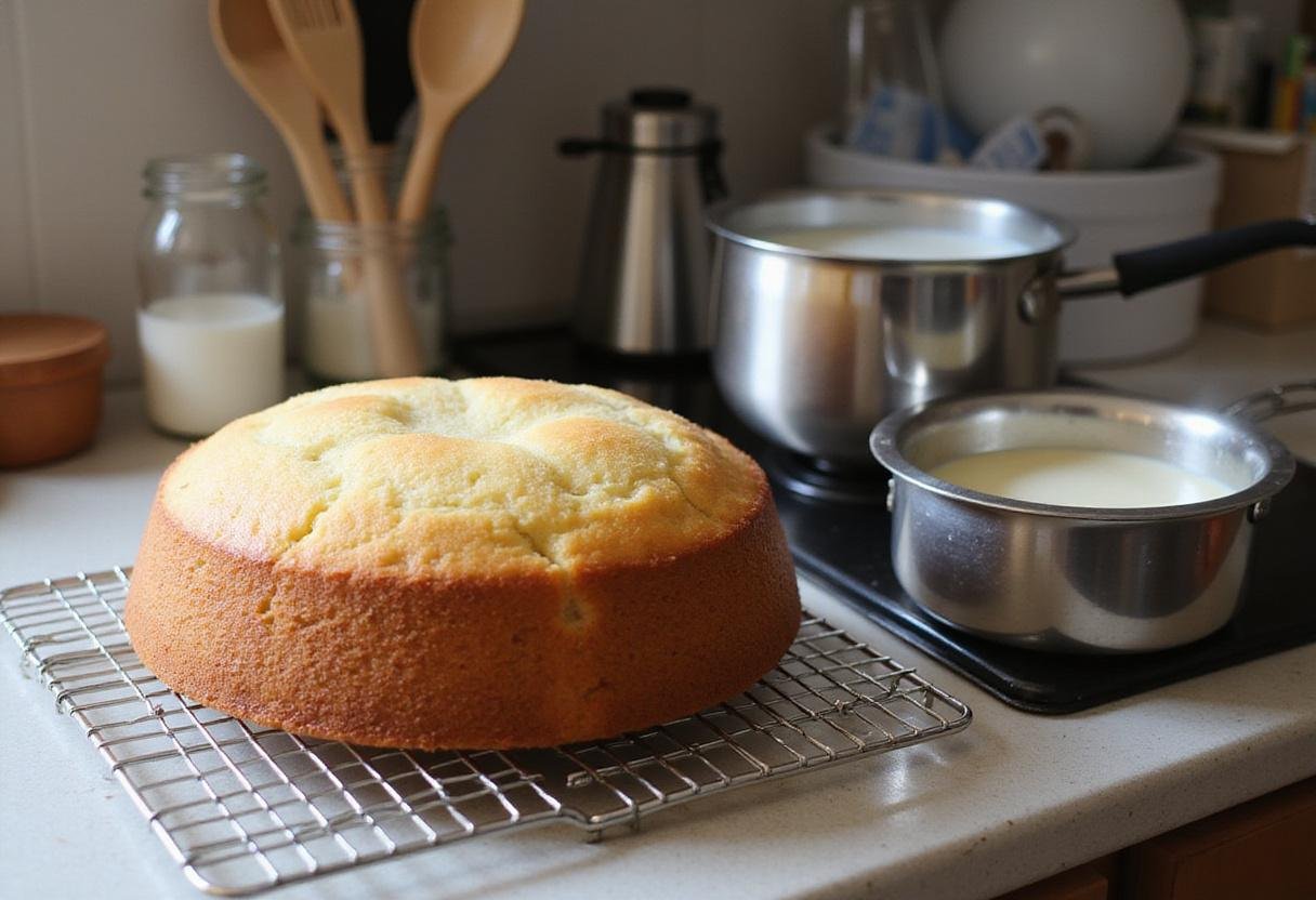 Cool cake layers for a classic Boston cream pie recipe, with milk being heated for custard in a well-prepared kitchen scene.