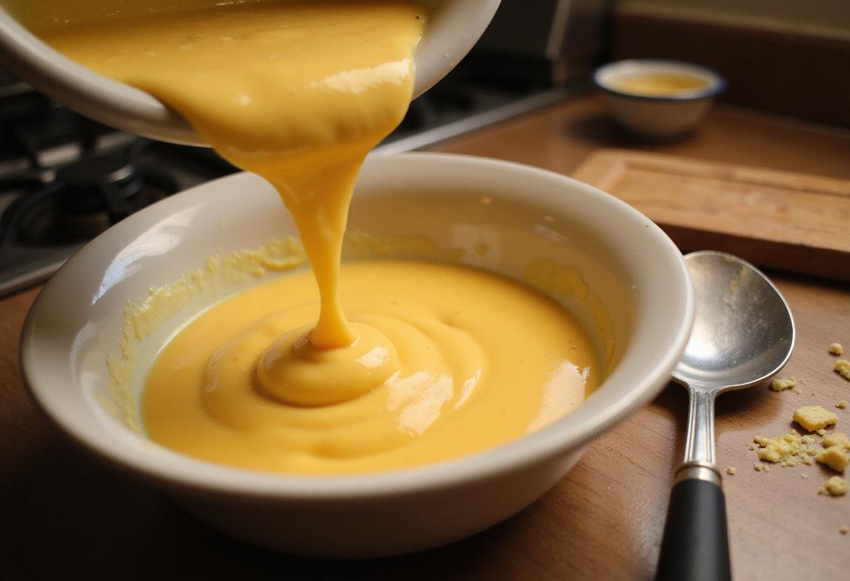 Preparing creamy custard for a Boston cream pie recipe, with ingredients spread out on the countertop, creating a warm kitchen ambiance.
