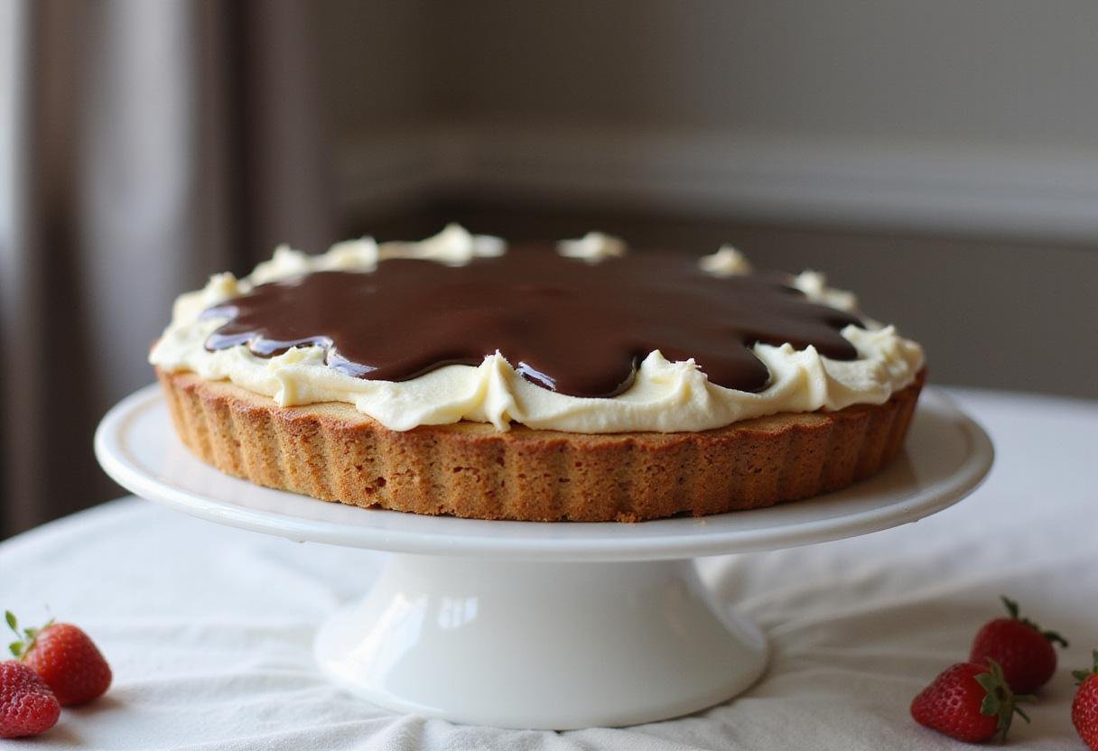 Assembling a classic Boston cream pie, with luscious layers of chocolate glaze and soft whipped cream, displayed elegantly on a cake stand.