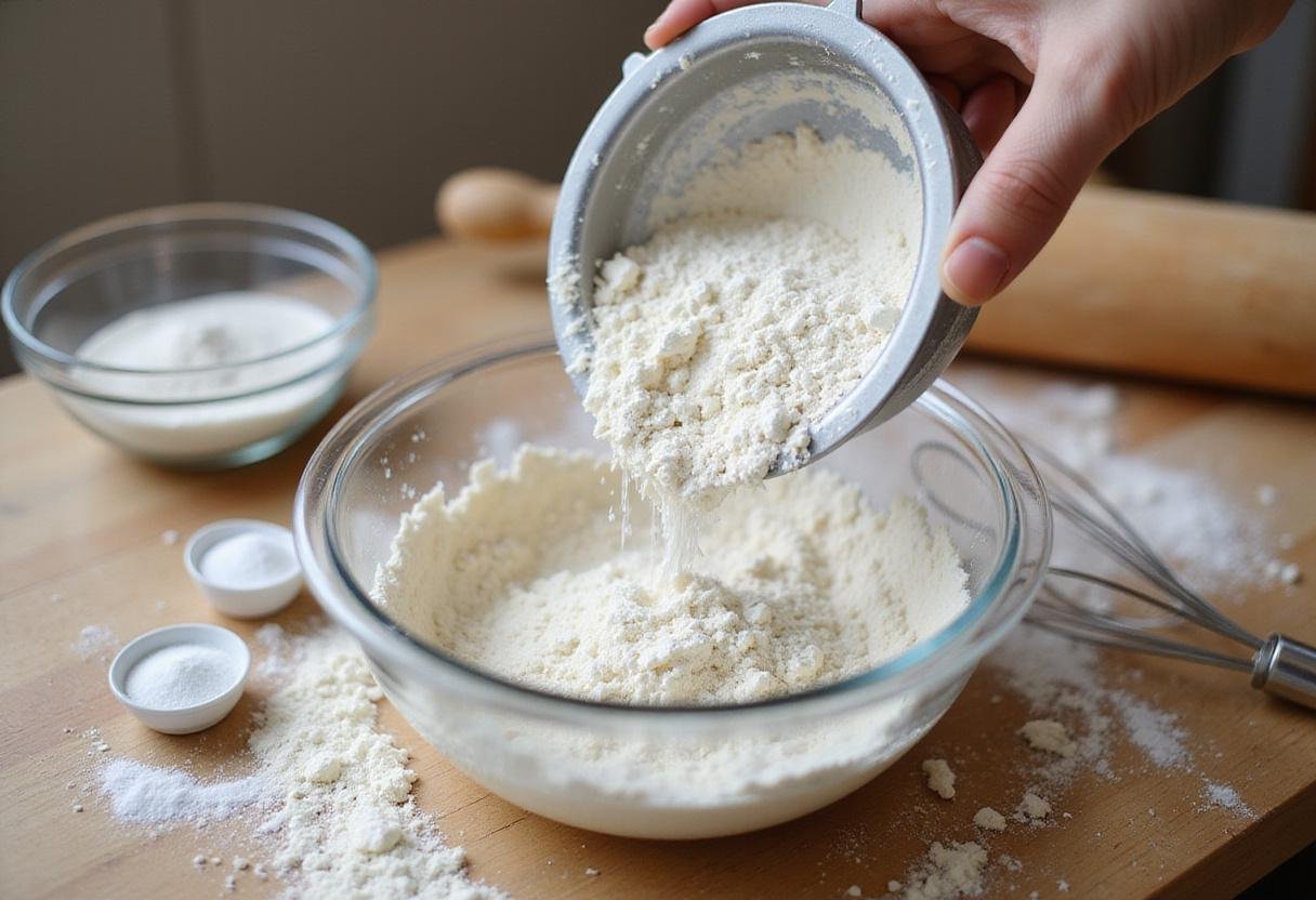 Sifting flour and mixing ingredients for Grandma Sycamore bread on a wooden kitchen counter, showcasing the traditional baking process.
