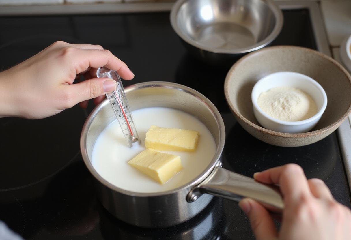 Warming milk and butter for Grandma Sycamore loaf, highlighting the careful preparation of ingredients for the perfect bread texture.