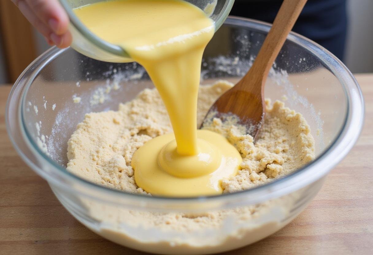 Mixing activated yeast with dry ingredients to prepare Grandma Sycamore bread dough, capturing the essential steps of bread-making.