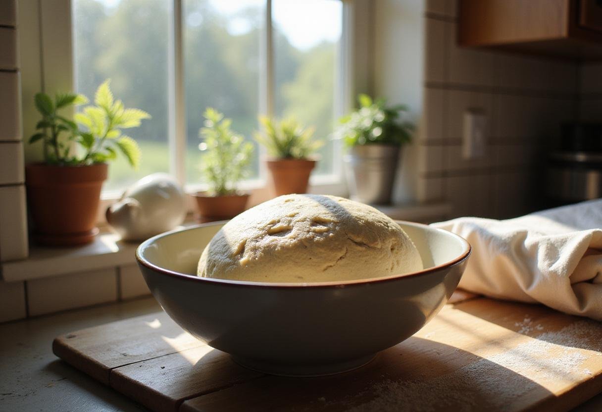 Rising dough for Grandma Sycamore loaf in a sunny kitchen, emphasizing the homey and traditional aspects of bread-making.