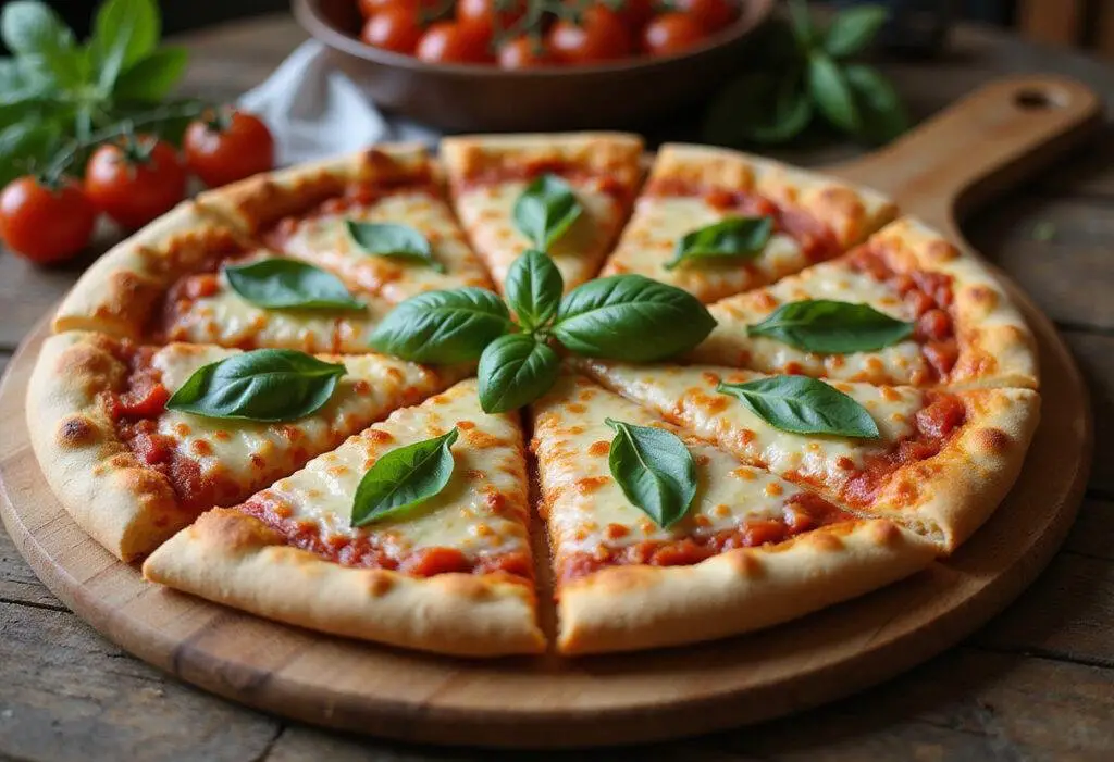 Final presentation of Classic Italian Tiverton Pizza, showcasing its delicious toppings and perfect crust, ideal for serving.