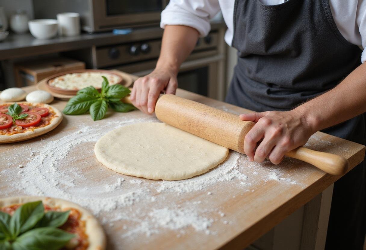 Classic Italian Tiverton Pizza dough rolling process with fresh ingredients like basil and mozzarella in view.