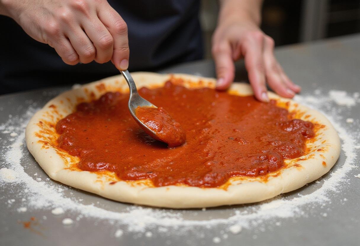 Spreading tomato sauce over the classic pizza dough for a Traditional Tiverton Pizza.