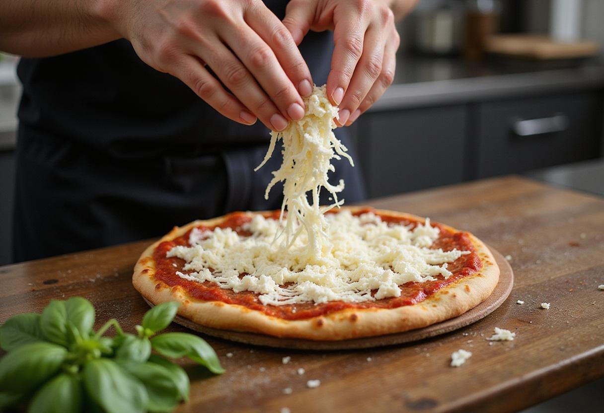 Adding mozzarella cheese to a classic Tiverton pizza, showcasing the delicious cheese layer.