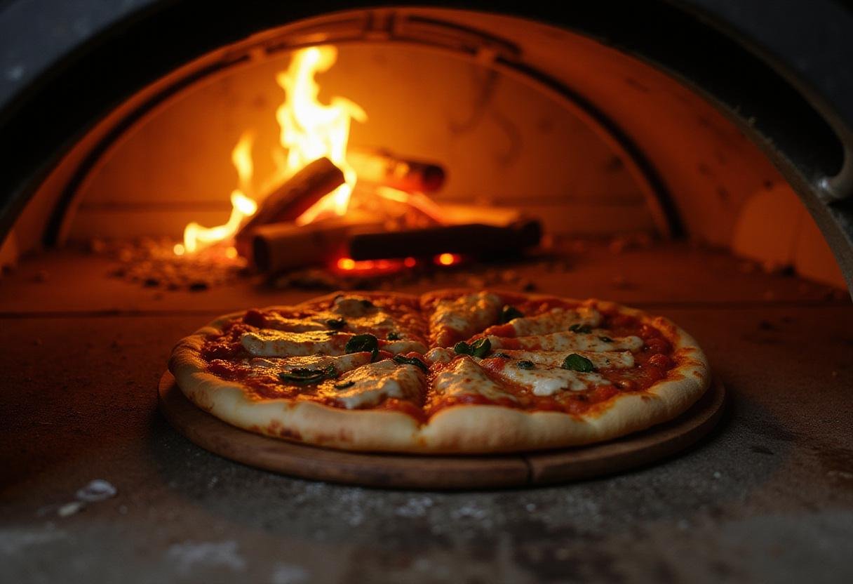 Placing a Classic Italian Tiverton Pizza into a hot oven to achieve the perfect crust.