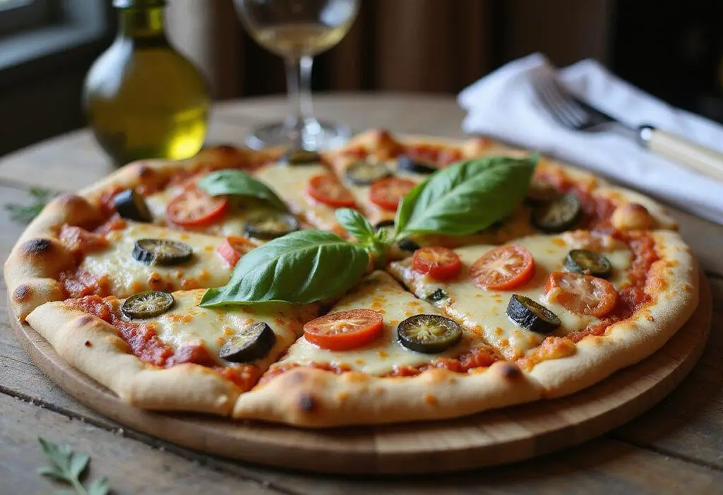 Delicious even odds pizza, a perfect blend of flavors, served fresh from the oven with vibrant toppings in a rustic dining setting.