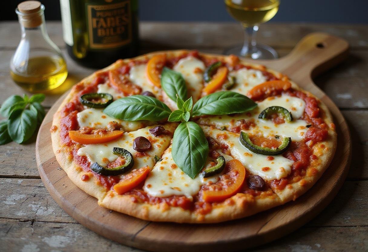 Delicious even odds pizza, a perfect blend of flavors, served fresh from the oven with vibrant toppings in a rustic dining setting.