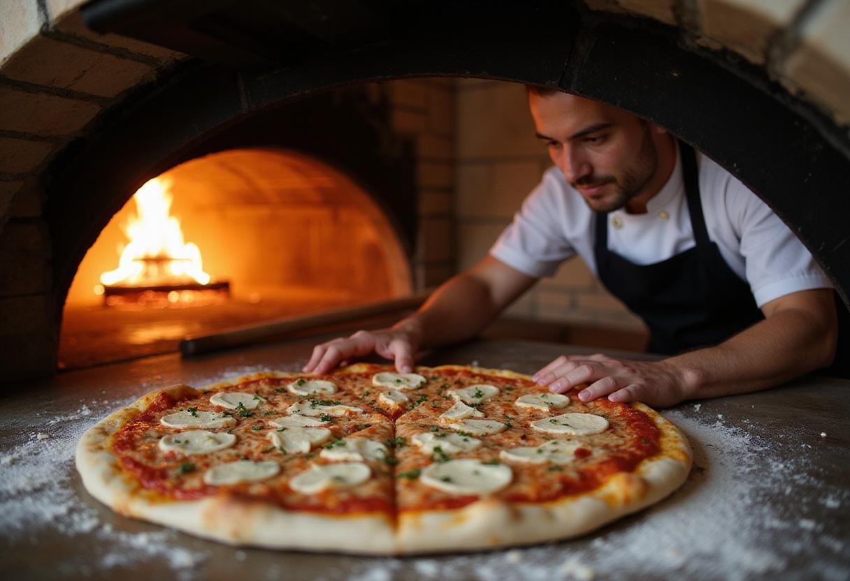 Preparing dough for even odds pizza in a wood-fired oven, showcasing the art of pizza making.