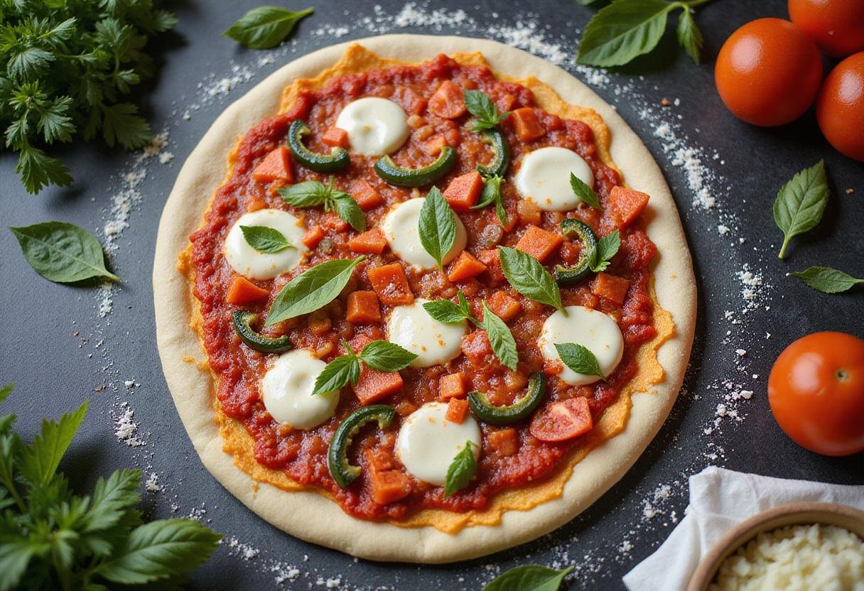 Assembling even odds pizza with tomato sauce and fresh toppings on a dough base, ready for baking.