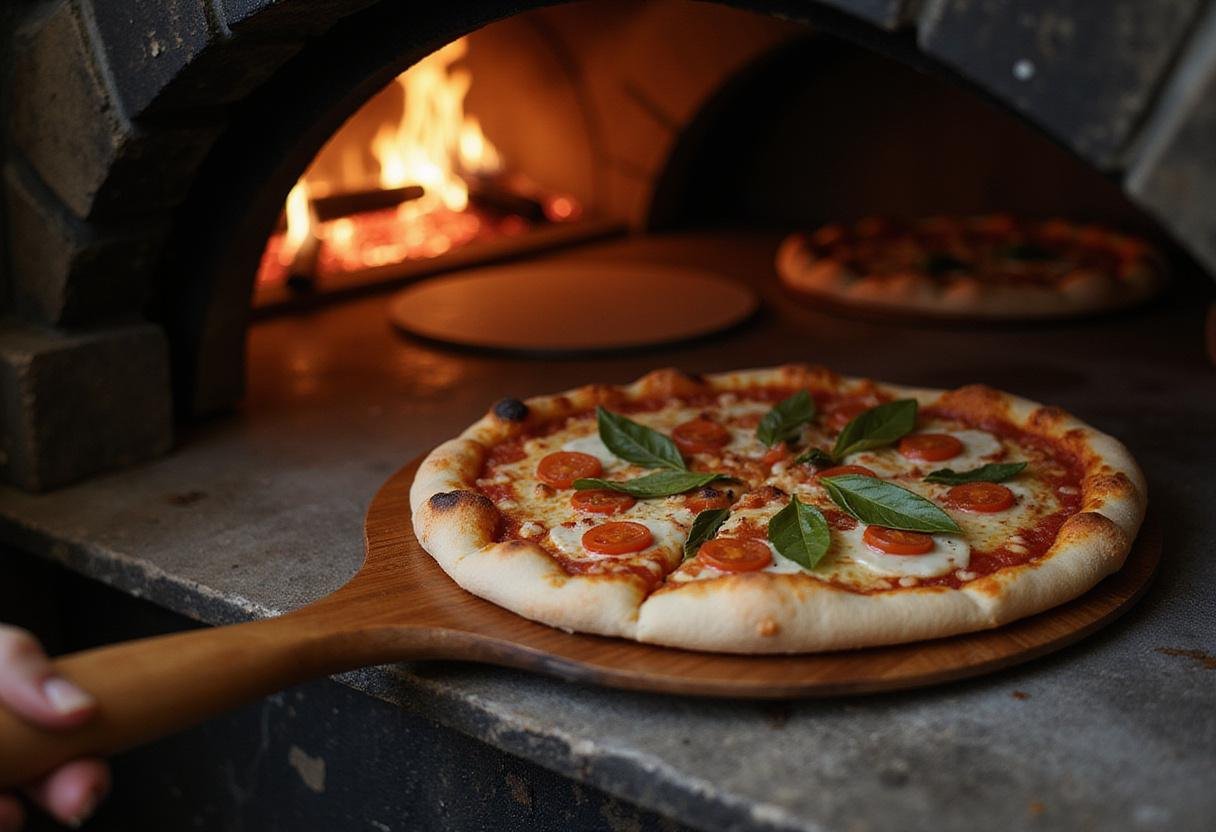 Placing even odds pizza in the wood-fired oven, demonstrating traditional pizzeria techniques.