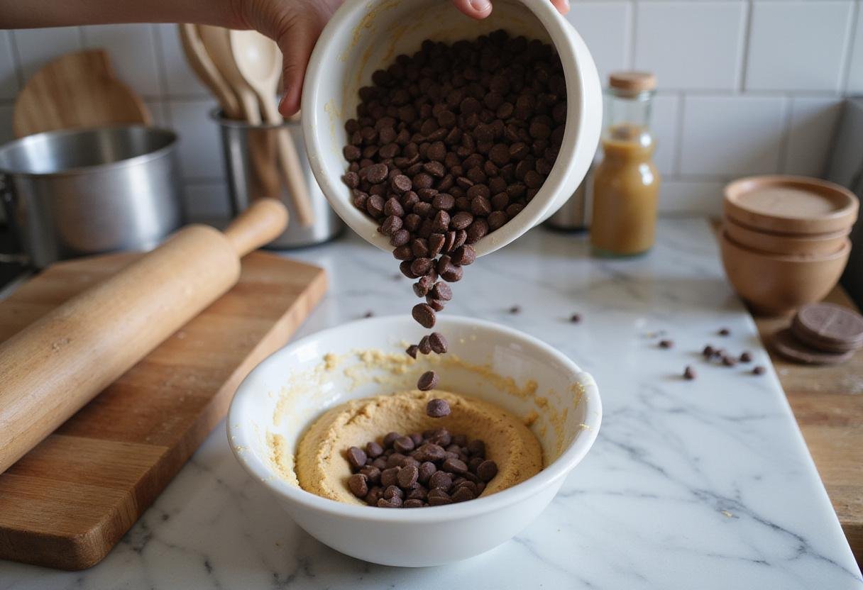 Adding chocolate chips to the cookie dough for Classic Neighborhood Park Cookies, bringing the Eat n Park essence to every bite.