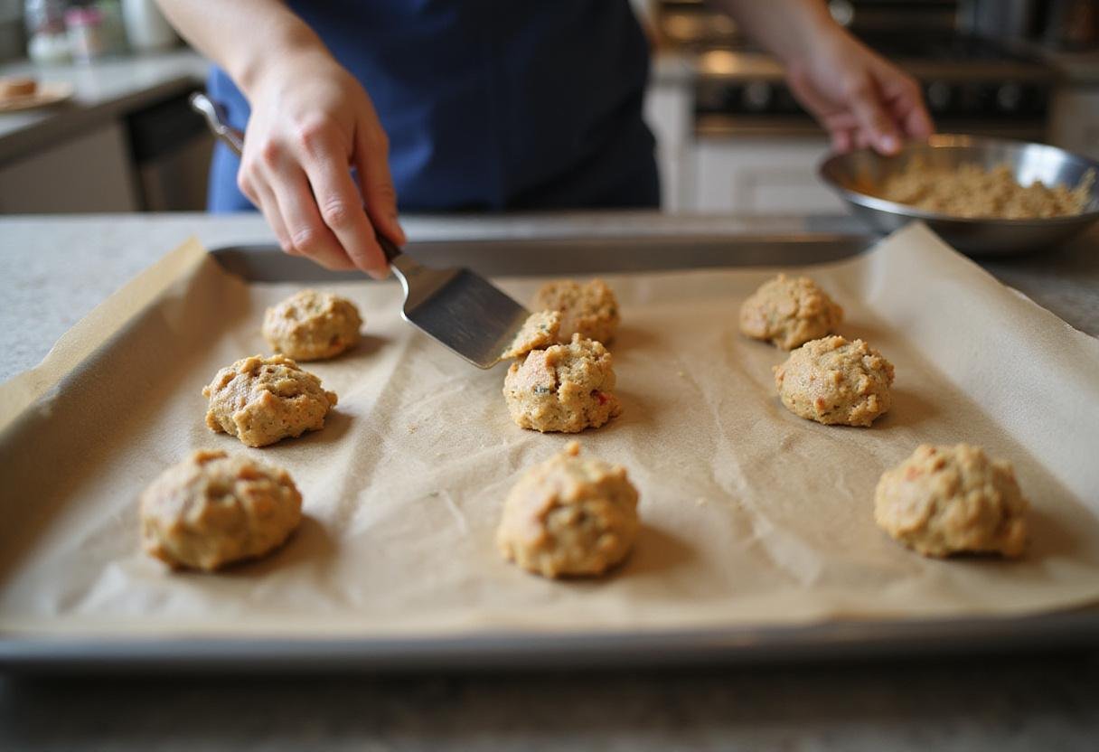Placing cookie dough balls on a baking sheet for Classic Neighborhood Park Cookies, prepping for a nostalgic taste of Eat n Park.