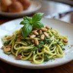 Served classic pasta al pesto, showcasing the flavorful dish with fresh basil and pine nuts, perfect for an authentic Italian meal.