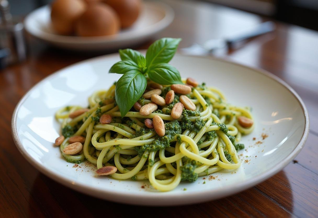 Served classic pasta al pesto, showcasing the flavorful dish with fresh basil and pine nuts, perfect for an authentic Italian meal.