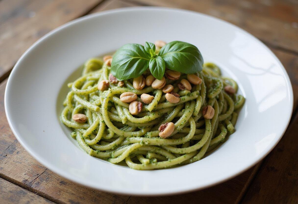 Served classic pasta al pesto, showcasing the flavorful dish with fresh basil and pine nuts, perfect for an authentic Italian meal.