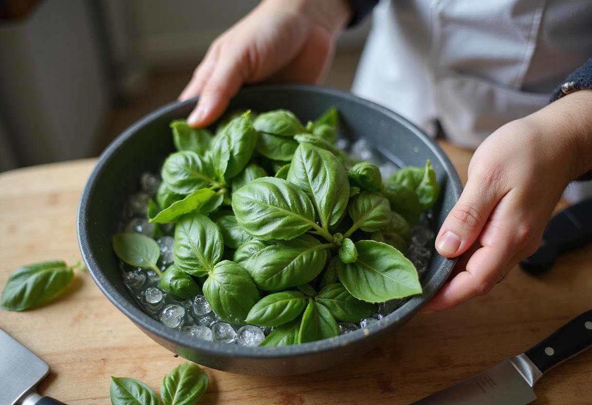 Fresh basil leaves being washed for classic pasta al pesto, preparing ingredients for a delicious pesto sauce.