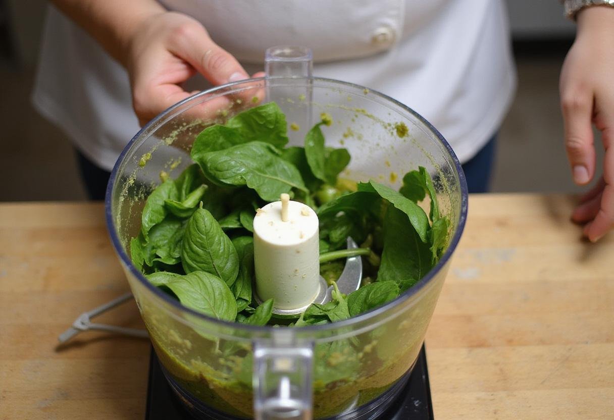 A food processor being filled with basil, garlic, and pine nuts to create a flavorful basil pesto sauce for pasta al pesto.