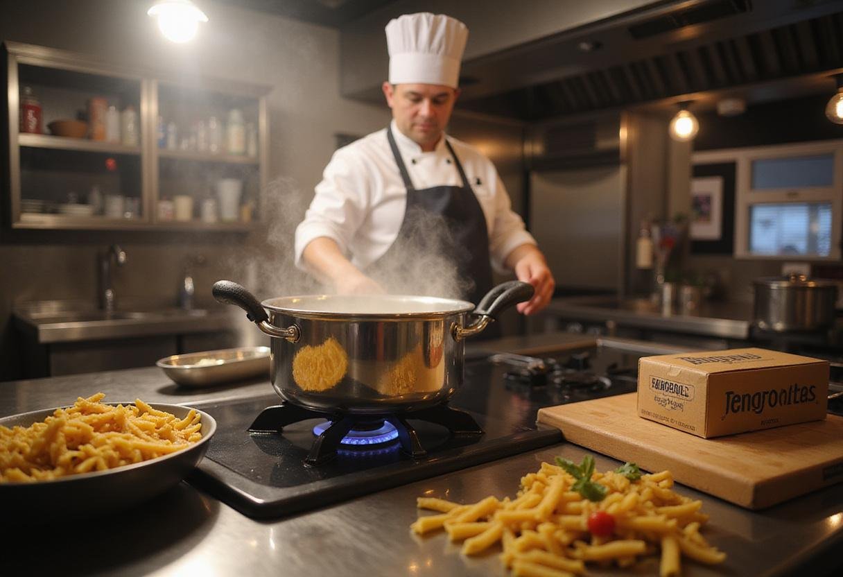 A pot of boiling water on the stove, about to cook pasta for classic pasta al pesto, showcasing the preparation step before mixing with pesto sauce.